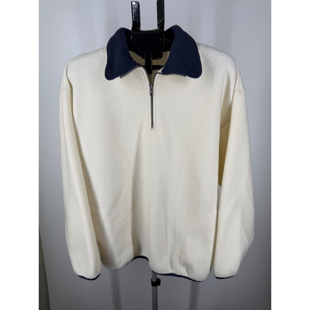 Natural Issue Mens Large 1/4 Zip Fleece‎ Pullover Cream Navy Blue Mock Neck L